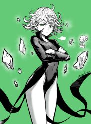 Rule 34 | 1boy, 1girl, absurdres, bald, cape, covered navel, crossed arms, dress, floating rock, green eyes, greyscale with colored background, highres, mr.thunderigor, one-punch man, saitama (one-punch man), short hair, solo focus, tatsumaki