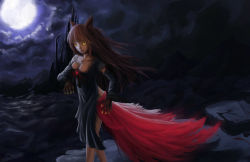 Rule 34 | 1girl, animal ears, backlighting, bare legs, blood, breasts, brooch, brown hair, castle, claws, cloud, cloudy sky, collarbone, dress, fangs, full moon, glowing, glowing eyes, highres, imaizumi kagerou, jewelry, long hair, looking at viewer, moon, moonlight, mountain, newnand, night, night sky, river, sketch, sky, solo, torn clothes, torn dress, touhou, transformation, valley, wind, wolf ears, yellow eyes