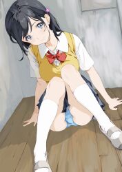 Rule 34 | 1girl, absurdres, black hair, black skirt, blue eyes, blue panties, bow, bowtie, closed mouth, collared shirt, commentary request, grey footwear, highres, kneehighs, long hair, looking at viewer, original, panties, pomerachi, red bow, red bowtie, school uniform, shirt, shoes, short sleeves, sitting, skirt, smile, socks, solo, sweater vest, underwear, uwabaki, white shirt, white socks, wooden floor, yellow sweater vest