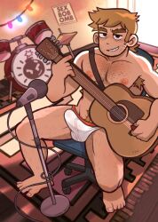 Rule 34 | 1boy, armpit hair, armpit hair peek, bara, beard stubble, briefs, brown hair, bulge, chest hair, erection, erection under clothes, facial hair, forked eyebrows, from above, gooeycandy, guitar, hairy, highres, holding, holding instrument, indoors, instrument, leg hair, long sideburns, looking at viewer, male focus, male underwear, paid reward available, playing guitar, scott pilgrim (series), scott pilgrim takes off, seductive smile, short hair, sideburns, smile, solo, stephen stills, stubble, thick eyebrows, thick navel hair, underwear, white male underwear