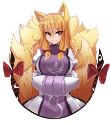 Rule 34 | 1girl, animal ears, blonde hair, bow, breasts, dress, eyebrows, fox ears, fox tail, fusion, gap (touhou), hair ribbon, hands in opposite sleeves, iwbitu, large breasts, long hair, multiple tails, ribbon, simple background, smile, solo, tail, touhou, tress ribbon, white background, yakumo ran, yakumo yukari, yellow eyes
