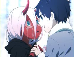Rule 34 | 10s, 1boy, 1girl, black cloak, black hair, blue eyes, cloak, coat, colored skin, couple, crying, crying with eyes open, darling in the franxx, face-to-face, fur trim, green coat, green eyes, grey coat, holding hands, highres, hiro (darling in the franxx), hood, hooded cloak, horns, leje39, long hair, looking at another, oni horns, pink hair, red skin, short hair, spoilers, tears, zero two (darling in the franxx)
