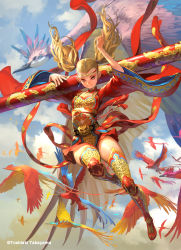 Rule 34 | 1girl, ambiguous gender, armor, artist name, bird, blonde hair, boots, breasts, circlet, cloud, cloudy sky, day, earrings, female focus, freckles, highres, jewelry, long hair, multiple others, original, phoenix, pole, sky, small breasts, smile, solo, solo focus, takayama toshiaki, thigh boots, thighhighs, twintails, wide sleeves, yellow eyes