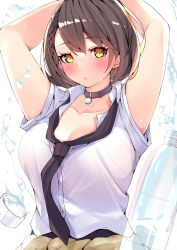 Rule 34 | 1girl, arms up, azur lane, baltimore (after-school ace) (azur lane), baltimore (azur lane), beige cardigan, black choker, black necktie, black skirt, blush, bottle, braid, breasts, brown hair, cardigan, cardigan around waist, choker, cleavage, closed mouth, clothes around waist, collarbone, collared shirt, commentary request, french braid, hair between eyes, highres, large breasts, looking at viewer, loose necktie, necktie, official alternate costume, ryoutsu, school uniform, shirt, short hair, short sleeves, sidelocks, simple background, skirt, solo, standing, upper body, water bottle, water drop, white background, white shirt, yellow eyes