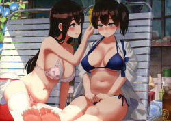 Rule 34 | 2girls, akagi (kancolle), alternate costume, bare arms, bare legs, bare shoulders, barefoot, belly, bikini, bikini under clothes, blue bikini, blue flower, blush, bottle, bra, breasts, brown eyes, brown hair, chair, cleavage, collarbone, commentary request, curtains, embarrassed, feet, floral print, flower, flower on head, hair between eyes, hair flower, hair ornament, hakama, hakama removed, hakama short skirt, hakama skirt, halterneck, hand in another&#039;s hair, hands on lap, japanese clothes, kaga (kancolle), kantai collection, lace, lace-trimmed bikini, lace trim, large breasts, leaning on person, long hair, looking at another, looking down, lounge chair, midriff, morning glory, multiple girls, navel, nose blush, open clothes, outdoors, painting (medium), panties, pink bra, pink lips, pink panties, plump, seashell, shade, shell, shijukara (great tit), side-tie bikini bottom, side ponytail, sideboob, sitting, skindentation, skirt, smile, soles, stomach, string bikini, sunflower, sunflower hair ornament, swimsuit, thigh strap, thighhighs, thighs, toes, traditional media, underboob, underwear, watercolor (medium), wavy mouth, white legwear, window, wooden wall