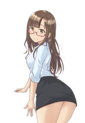 Rule 34 | 1girl, aimobake, ass, bad id, bad twitter id, bespectacled, black skirt, brown eyes, brown hair, closed mouth, commentary, cowboy shot, dress shirt, glasses, highres, idolmaster, idolmaster cinderella girls, leaning forward, long hair, long sleeves, looking at viewer, looking back, miniskirt, mizumoto yukari, office lady, pencil skirt, shirt, simple background, skirt, smile, solo, standing, white background, white shirt