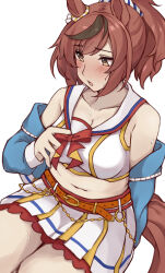 Rule 34 | 1girl, absurdres, animal ears, belt, blue jacket, blush, bow, breasts, brown eyes, cheerleader, chestnut mouth, collarbone, commentary request, cropped shirt, ear ornament, highres, horse ears, horse girl, horse tail, jacket, jacket partially removed, medium breasts, medium hair, multicolored hair, navel, nice nature (run&amp;win) (umamusume), nice nature (umamusume), official alternate costume, official alternate hairstyle, orange belt, pirukusu, pleated skirt, plump, ponytail, red bow, red hair, shirt, simple background, skirt, sleeveless, sleeveless shirt, solo, streaked hair, sweat, tail, umamusume, white background, white shirt, white skirt