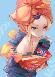 Rule 34 | 1girl, abigail williams (fate), bare shoulders, black bow, black dress, blonde hair, blue eyes, blush, bow, chips (food), closed mouth, commentary request, dress, fate/grand order, fate (series), food, long hair, long sleeves, looking at viewer, off-shoulder dress, off shoulder, orange bow, parted bangs, pocky, potato chips, smile, soda bottle, solo, tocope, towel, towel on head, upper body