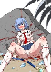 Rule 34 | 1girl, artist request, blood, blue hair, blush, character request, cuts, defeat, empty eyes, highres, injury, panties, ryin, short hair, skirt, solo, spread legs, torn clothes, underwear