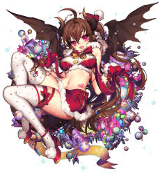 Rule 34 | 1girl, :d, ahoge, beatrice (soccer spirits), bell, breasts, brown hair, christmas ornaments, demon horns, demon wings, dragon girl, dragon horns, dragon wings, fang, full body, gift, gloves, hat, high heels, horns, long hair, looking at viewer, medium breasts, midriff, navel, open mouth, original, pika (kai9464), purple eyes, red gloves, ribbon, santa hat, simple background, skirt, smile, snowflakes, soccer spirits, solo, thighhighs, very long hair, white background, white thighhighs, wings