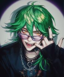 Rule 34 | 1boy, absurdres, black nails, black shirt, chain, chain necklace, collar, ezreal, fangs, glasses, green hair, hair between eyes, hand to own mouth, head tilt, heartsteel ezreal, highres, index finger raised, jewelry, juliet sleeves, league of legends, long sleeves, looking at viewer, male focus, medium hair, necklace, open mouth, orange eyes, portrait, puffy sleeves, ring, shirt, simple background, solo, spotlight, staryoruu, studded collar, teeth, tongue