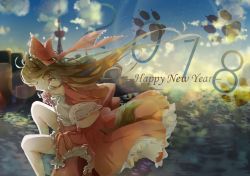Rule 34 | 1girl, 2018, animal ears, blurry, brown hair, chinese zodiac, cityscape, cloud, depth of field, detached sleeves, dog ears, dog tail, english text, closed eyes, facing away, frilled skirt, frills, hair blowing, hakurei reimu, happy new year, kemonomimi mode, knee up, lens flare, long hair, mai (12mai0426), new year, outdoors, paw print, red skirt, red vest, sitting, skirt, smile, solo, tail, tokyo skytree, touhou, vest, water, wind, year of the dog