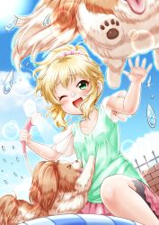 Rule 34 | &gt; &lt;, 1girl, ;d, animal, black shorts, blonde hair, blue sky, breasts, brick wall, cloud, collarbone, commentary request, day, dog, dog request, fence, green eyes, green shirt, highres, holding, idolmaster, idolmaster cinderella girls, layered skirt, one eye closed, open mouth, outdoors, pink skirt, pleated skirt, ponytail, regular mow, sakurai momoka, shirt, short sleeves, shorts, shorts under skirt, shower head, signature, skirt, sky, small breasts, smile, soap bubbles, solo, tongue, tongue out, twitter username, water, water drop