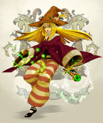 Rule 34 | 1girl, black mage, black mage (fft), black mage (final fantasy), blonde hair, final fantasy, final fantasy tactics, hat, kuwae, long hair, pants, robe, solo, staff, striped clothes, striped pants, witch hat, yellow eyes