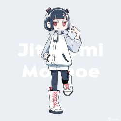 Rule 34 | 1girl, bad id, bad twitter id, black hair, black pants, blunt bangs, boots, character name, commentary, cross-laced footwear, full body, grey background, gyari (imagesdawn), hairband, hand in pocket, jacket, jitomi monoe, knee boots, lace-up boots, leg up, magnet, nail polish, pants, red nails, short hair, sideways glance, smile, solo, standing, standing on one leg, virtual youtuber, voms, white footwear, zipper pull tab