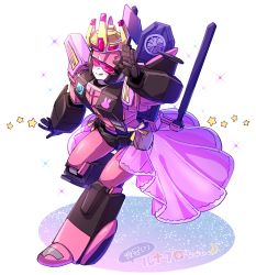 Rule 34 | 1girl, absurdres, aoi rena, character name, crown, decepticon, dress, highres, looking up, lunaclub, purple dress, salute, solo, tongue, tongue out, transformers