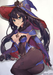 Rule 34 | 1girl, ass, black gloves, black hair, black pantyhose, blue leotard, blush, bodystocking, breasts, brooch, capelet, detached collar, detached sleeves, fur collar, genshin impact, gloves, gold trim, green eyes, hat, highres, jewelry, leotard, long hair, looking at viewer, lying, medium breasts, mona (genshin impact), on side, open mouth, pantyhose, purin uni, solo, sparkle print, twintails, twitter username, witch hat