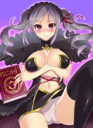 Rule 34 | 10s, 1girl, 3:, black thighhighs, blush, book, breasts, cameltoe, gradient background, holding, holding book, idolmaster, idolmaster cinderella girls, kanzaki ranko, large breasts, looking at viewer, panties, pink eyes, pochi (pochi-goya), silver hair, solo, thighhighs, twintails, underwear, white panties