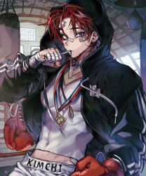 Rule 34 | 1boy, absurdres, bandages, bandaged hand, bandages, bandaid, bandaid on face, blue eyes, boxer, boxing gloves, closed mouth, covered navel, earrings, highres, hood, hood up, indoors, jewelry, male focus, medal, muscular, original, panza, punching bag, red hair, scar, scar on face, single earring, solo, sweat