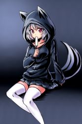 Rule 34 | 1girl, animal ears, bad id, bad pixiv id, collarbone, contemporary, eating, food, gradient background, hood, hoodie, inubashiri momiji, koissa, looking at viewer, miniskirt, pleated skirt, popsicle, red eyes, short hair, silver hair, sitting, skirt, solo, tail, thighhighs, touhou, white thighhighs, wolf ears, wolf tail, zettai ryouiki