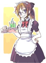 Rule 34 | 1girl, :d, apron, blush, bow, bowtie, brown hair, cup, drink, drinking glass, frills, glasses, kimarin, liquid, maid, maid apron, maid headdress, open mouth, original, purple eyes, red bow, red bowtie, simple background, smile, solo, teeth, tray, upper body, white background