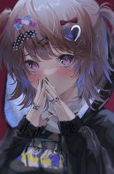 Rule 34 | 1girl, belt, black belt, black hoodie, black nails, blush, bow, brown hair, covering own mouth, frown, fur-trimmed hood, fur trim, hair between eyes, hair bow, hair ornament, hairclip, harui (hr x9 ), heart, heart hair ornament, highres, hood, hoodie, jewelry, long sleeves, looking at viewer, medium hair, multiple rings, nail polish, original, own hands together, purple eyes, red bow, ribbed sweater, ring, sleeves past wrists, solo, sticker, sweater, tears, two side up, upper body, white sweater, x hair ornament