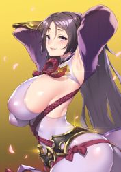 Rule 34 | 1girl, arched back, armpits, arms up, ass, blush, bodysuit, breasts, covered erect nipples, detached sleeves, fate/grand order, fate (series), from side, fuya (tempupupu), huge breasts, long hair, looking at viewer, minamoto no raikou (fate), parted bangs, parted lips, purple bodysuit, purple eyes, purple hair, rope, shiny skin, solo, very long hair