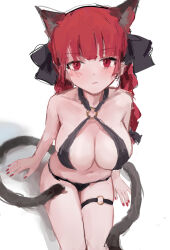 Rule 34 | 1girl, animal ear fluff, animal ears, bare shoulders, bikini, black bow, blunt bangs, blush, bow, braid, breasts, cat ears, cat tail, cleavage, closed mouth, criss-cross halter, expressionless, extra ears, from above, hair bow, halterneck, kaenbyou rin, large breasts, light frown, long hair, looking at viewer, multiple tails, nail polish, nekomata, o-ring, red eyes, red hair, red nails, reddizen, shadow, sitting, slit pupils, solo, swimsuit, tail, touhou, twin braids, two tails, very long hair