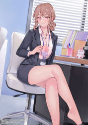 Rule 34 | 1girl, artist name, bare legs, black footwear, black jacket, black skirt, window blinds, business suit, chair, closed mouth, collarbone, collared shirt, commentary request, crossed legs, cup, curly hair, day, desk, dress shirt, earrings, eyelashes, formal, holding, holding cup, id card, indoors, jacket, jewelry, lanyard, light brown hair, long sleeves, looking at viewer, medium hair, mole, mole on neck, mole on thigh, mole under mouth, mug, office, office chair, office lady, on chair, open clothes, open collar, open jacket, original, pencil skirt, pink eyes, pink shirt, shirt, shirt tucked in, shoe dangle, sitting, skirt, skirt suit, smile, solo, stuffed animal, stuffed penguin, stuffed toy, suit, swivel chair, uni (melm), wing collar