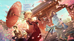 Rule 34 | 1girl, 2boys, absurdres, architecture, bird, black hair, black ribbon, blonde hair, blue sky, blurry, cherry blossoms, closed mouth, clothing request, cloud, commentary request, crossed arms, day, depth of field, east asian architecture, falling petals, fate/grand order, fate (series), feet out of frame, gesture request, green eyes, hair ribbon, haori, highres, hijikata toshizou (fate), holding, holding umbrella, japanese clothes, katana, kimono, long hair, looking to the side, medium hair, multiple boys, oil-paper umbrella, okita souji (fate), outdoors, pagoda, petals, pink kimono, ribbon, saitou hajime (fate), short hair, sky, smile, standing, sword, tree, umbrella, walking, wavy hair, weapon, zetlice