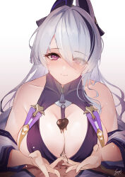 Rule 34 | 1boy, 1girl, azur lane, bare shoulders, black hair, blush, breasts, candy, chocolate, chocolate heart, chocolate on body, chocolate on breasts, cleavage, closed mouth, collarbone, eyes visible through hair, fingernails, food, food on body, gradient background, grey hair, hair over one eye, heart, hetero, highres, large breasts, looking at viewer, multicolored hair, purple eyes, sea nami, signature, smile, streaked hair, unzen (azur lane)