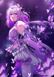 1girl bare_shoulders breasts bug butterfly castorice_(honkai:_star_rail) closed_mouth commentary_request dress edobox flower from_side hair_flower hair_ornament highres honkai:_star_rail honkai_(series) insect long_hair medium_breasts pantyhose pointy_ears purple_background purple_eyes purple_hair purple_hands solo white_dress white_pantyhose