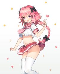 Rule 34 | 1boy, :d, androgynous, artist name, astolfo (fate), astolfo (sailor paladin) (fate), ayami (annahibi), black ribbon, braid, clothes lift, commentary request, crop top, cropped legs, fang, fate/apocrypha, fate/grand order, fate (series), gradient background, grey background, hair ribbon, heart, highres, long hair, male focus, navel, neckerchief, official alternate costume, open mouth, panties, pantyshot, pink hair, pink neckerchief, purple eyes, ribbon, school uniform, serafuku, single braid, single hair intake, skin fang, skirt, skirt lift, smile, star (symbol), thighhighs, trap, underwear, v, white background, white legwear