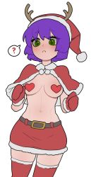 Rule 34 | 1girl, :&lt;, ?, antlers, belt, blush, breasts, capelet, christmas, closed mouth, cowboy shot, fake antlers, fur-trimmed capelet, fur trim, green eyes, hat, heart pasties, highres, horns, looking at viewer, medium breasts, miniskirt, mittens, navel, original, pasties, purple hair, red capelet, red hat, red mittens, red skirt, red thighhighs, reindeer antlers, santa costume, santa hat, simple background, skirt, solo, sparrowl, spoken question mark, standing, thighhighs, topless, virtual youtuber, white background