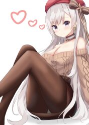 Rule 34 | 1girl, azur lane, bare shoulders, belfast (azur lane), belfast (shopping with the head maid) (azur lane), beret, blush, bow, breasts, brown choker, brown pantyhose, brown skirt, brown sweater, cable knit, choker, cleavage, closed mouth, crossed legs, earrings, grey eyes, grey hair, hat, hat bow, hayashi maka, heart, highres, hoop earrings, jewelry, large breasts, long hair, looking at viewer, off-shoulder sweater, off shoulder, official alternate costume, pantyhose, pencil skirt, red hat, skirt, solo, sweater