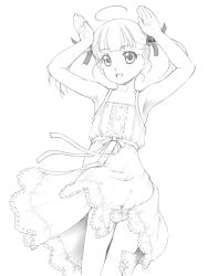 Rule 34 | 1girl, armpits, bare arms, bare shoulders, child, collarbone, dress, eyebrows, female focus, flat chest, fuji shinobu, hair ribbon, highres, looking at viewer, monochrome, open mouth, original, rabbit pose, ribbon, simple background, solo, standing, twintails, white background