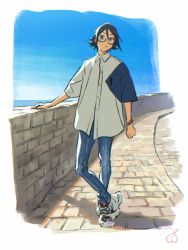 Rule 34 | 1boy, blue eyes, blue hair, brick floor, brick wall, clenched hand, collared shirt, denim, glasses, hayate immelmann, highres, jeans, looking at viewer, macross, macross delta, male focus, mosako, pants, shirt, shoes, sky, sneakers, solo, standing, white background, white footwear