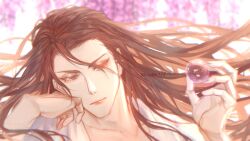 Rule 34 | 1boy, absurdres, aizen sousuke, bleach, bloom, brown eyes, brown hair, close-up, closed mouth, collarbone, commentary, english commentary, expressionless, eyelashes, floating hair, hair between eyes, hands up, head rest, head tilt, highres, hogyoku (bleach), kas0n3ri, lips, long hair, looking at object, male focus, mature male, nose, official alternate hair length, official alternate hairstyle, solo, tsurime, twitter username