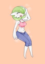 Rule 34 | 1girl, absurdres, arm up, artist name, bare shoulders, blue pants, blush, blushpumpkin, breasts, cleavage, closed eyes, creatures (company), full body, game freak, gardevoir, gen 3 pokemon, green hair, hair over one eye, heart, highres, knees together feet apart, medium breasts, navel, nintendo, open mouth, orange background, pants, pokemon, pokemon (creature), pokemon rse, shiny skin, short hair, signature, simple background, sitting, sleeveless, smile, solo, sports bra, steam, sweat, text focus, towel, white towel, yoga pants