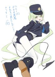 Rule 34 | 1girl, armband, blue archive, blue armband, blue jacket, blue shorts, blush, boots, buttons, cowlick, demon tail, double-breasted, gloves, gomibako (gomibako price), green hair, hair between eyes, halo, nozomi (blue archive), highres, jacket, long hair, looking at viewer, pantyhose, pointy ears, shirt, shirt tucked in, shorts, simple background, solo, tail, twintails, very long hair, white background, white gloves, white pantyhose, white shirt, yellow eyes