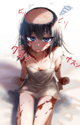 Rule 34 | 1girl, bald spot, bare shoulders, black hair, blue eyes, breasts, burn scar, cluseller, collarbone, commentary request, dorei to no seikatsu ~teaching feeling~, dress, eyes visible through hair, from above, grey dress, hair between eyes, highres, long hair, looking at viewer, parted lips, scar, sitting, small breasts, solo, sylvie (dorei to no seikatsu), thigh gap