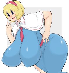 Rule 34 | alice margatroid, ass, blonde hair, blush, breasts, clothes, cookie (touhou), female focus, gamukami, headband, highres, huge ass, huge breasts, ichigo (cookie), looking at viewer, medium hair, open mouth, plump, simple background, solo, touhou, white background