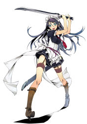 Rule 34 | 1girl, apron, belt buckle, black hair, blush, boots, buckle, cross, frills, full body, garter straps, green eyes, high heels, highres, holding, knee boots, long hair, maid, maid apron, maid headdress, murakami suigun, necktie, original, pleated skirt, ribbon, sheath, shoes, simple background, skirt, smile, solo, sword, unsheathed, waist apron, weapon, white background