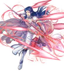 Rule 34 | 1girl, armor, blue eyes, blue hair, breastplate, cape, elbow gloves, fire emblem, fire emblem: the blazing blade, fire emblem heroes, gloves, highres, holding, holding polearm, holding weapon, isadora (fire emblem), long hair, nintendo, non-web source, official art, pelvic curtain, polearm, shoulder armor, solo, sword, takaya tomohide, vambraces, weapon, white cape