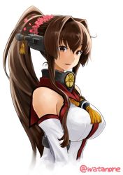 Rule 34 | 10s, 1girl, breasts, brown eyes, brown hair, collar, commentary request, detached sleeves, flower, hair flower, hair ornament, headgear, kantai collection, large breasts, long hair, looking at viewer, open mouth, ponytail, sidelocks, solo, twitter username, upper body, watanore, white background, yamato (kancolle)