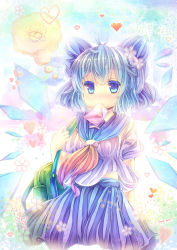Rule 34 | 1girl, alternate costume, bad id, bad pixiv id, bag, blue eyes, blue hair, blush, bow, cirno, coa (chroo x), hair bow, heart, highres, ice, ice wings, letter, love letter, matching hair/eyes, mouth hold, school uniform, serafuku, short hair, solo, squiggle, thought bubble, touhou, wings