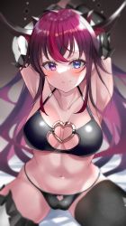 Rule 34 | 1girl, ahoge, armpits, arms behind head, bikini, black bikini, black horns, black thighhighs, blue eyes, blush, breasts, closed mouth, collarbone, commentary request, halterneck, heterochromia, highres, hololive, hololive english, horns, irys (hololive), irys (irys 1.0) (hololive), large breasts, long hair, looking at viewer, purple eyes, purple hair, shiitake taishi, sitting, smile, solo, string bikini, swimsuit, thighhighs, virtual youtuber