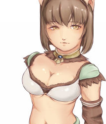 Rule 34 | 00s, 123 (tyamaguch), 1girl, animal ears, bad id, bad pixiv id, breasts, brown hair, cat ears, cleavage, collar, detached sleeves, final fantasy, final fantasy xi, midriff, mithra (ff11), short hair, solo, square enix, tyamaguch, upper body, yellow eyes