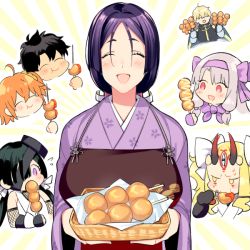 Rule 34 | 10s, 2boys, 5girls, 7dango7, ahoge, ainu clothes, apron, armor, black gloves, black hair, blonde hair, blush, bow, breasts, cape, chibi, chibi inset, closed eyes, dango, eating, eyepatch, facial mark, fate/extra, fate/grand order, fate (series), fishnets, floral print, food, forehead mark, fujimaru ritsuka (female), fujimaru ritsuka (male), gawain (fate), gloves, hair bow, hair ornament, hair scrunchie, hairband, horns, ibaraki douji (fate), ibaraki douji (fate/grand order), ibaraki douji (swimsuit lancer) (fate), ibaraki douji (swimsuit lancer) (third ascension) (fate), illyasviel von einzbern, japanese clothes, kimono, large breasts, long hair, minamoto no raikou (fate), mochizuki chiyome (fate), multiple boys, multiple girls, one side up, oni, oni horns, open mouth, orange hair, parted bangs, purple bow, purple eyes, purple hair, purple kimono, purple scarf, red eyes, scarf, scrunchie, short hair, sidelocks, sitonai (fate), skewer, sleeveless, sleeveless kimono, smile, spiked hair, tattoo, twintails, very long hair, wagashi, white bow, white kimono, wide sleeves, yellow eyes