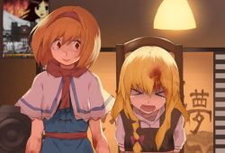 Rule 34 | &gt; &lt;, 2girls, alice margatroid, black vest, blonde hair, blood, blood on arm, blood on face, bow, braid, capelet, ceiling light, chair, commentary request, cookie (touhou), crying, frilled capelet, frills, hair between eyes, hair bow, highres, hinase (cookie), indoors, kirisame marisa, lamp, long hair, looking at another, looking to the side, multiple girls, nadeko (cookie), necktie, open mouth, orange eyes, orange hair, poster (object), purple bow, red necktie, red sash, reiuji utsuho, restrained, rizeass, sash, shirt, short hair, side braid, single braid, smile, touhou, upper body, uzuki (cookie), vest, white capelet, white shirt